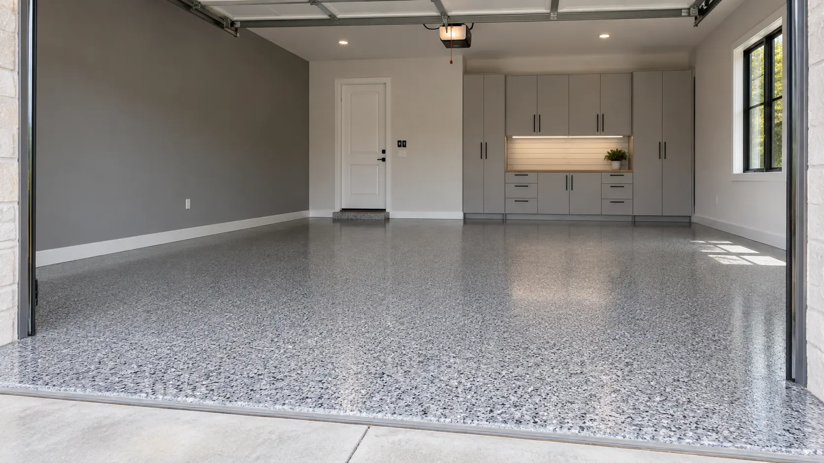 Representative empty garage with a gray decorative flake floor coating